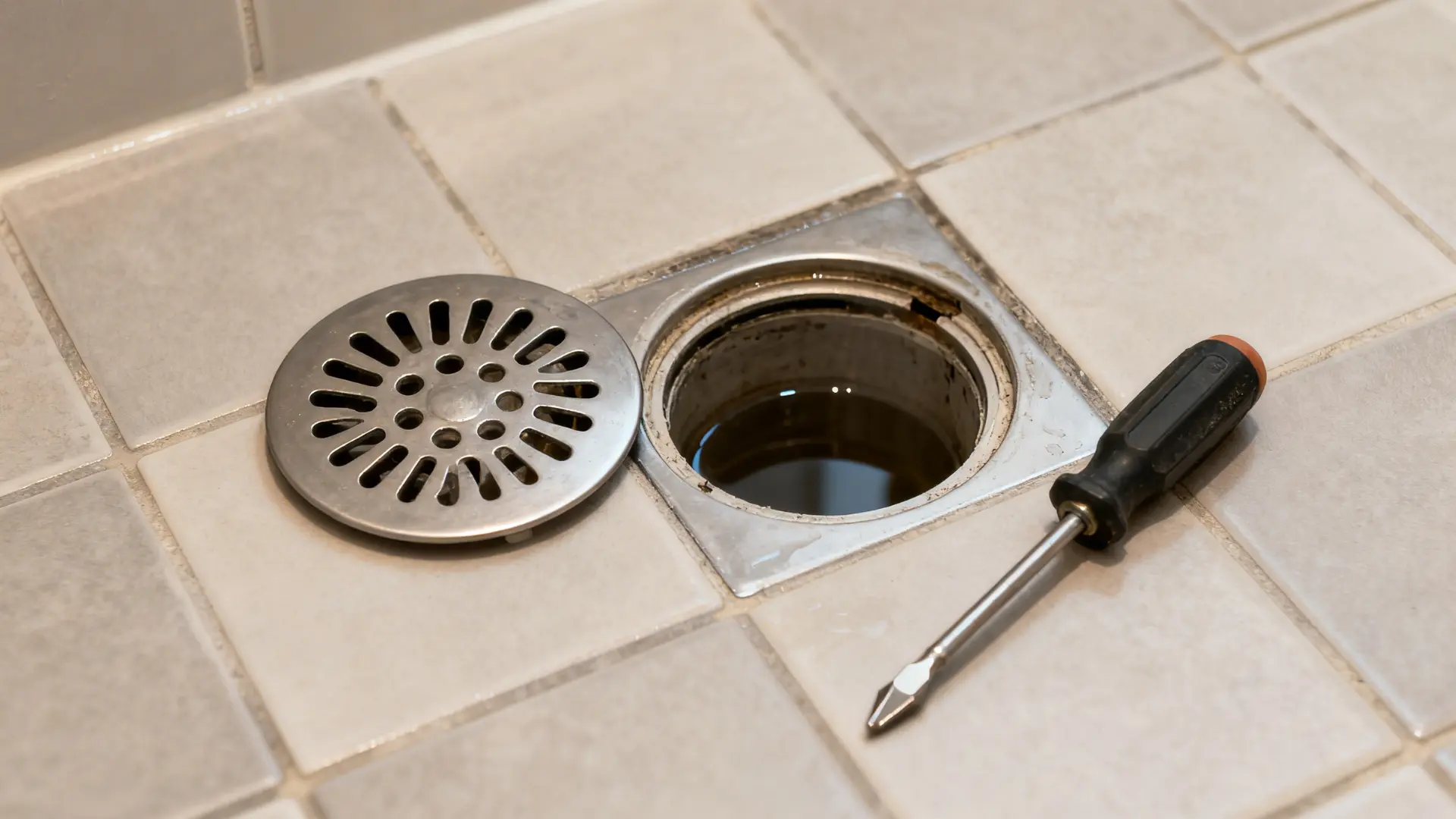 Removed shower drain cover placed beside an open drain opening with a flathead screwdriver on a tiled floor.
