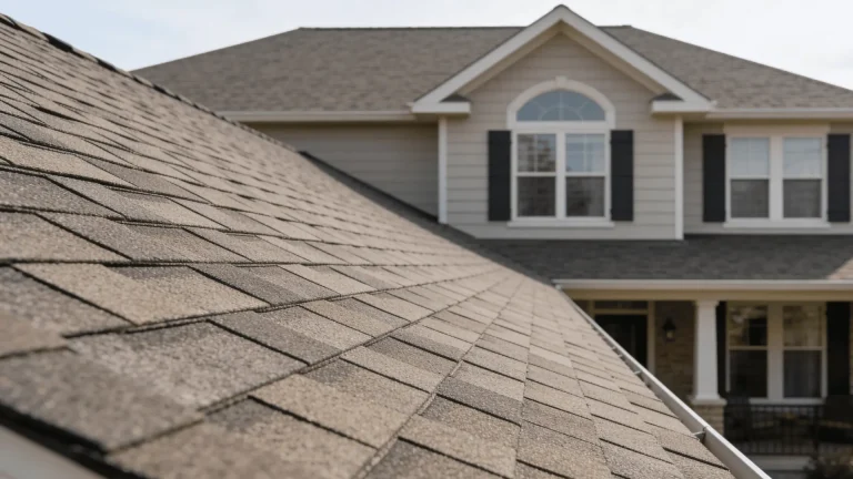 Residential house with asphalt shingle roof visible from a slightly elevated front angle showing roof structure and slope