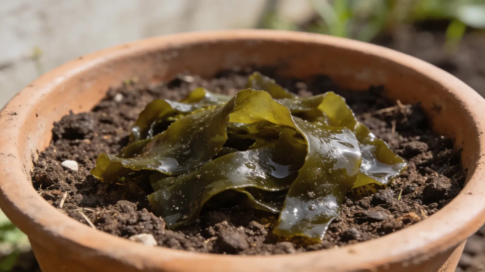 Rinsed seaweed pieces placed on top of soil in a plant pot