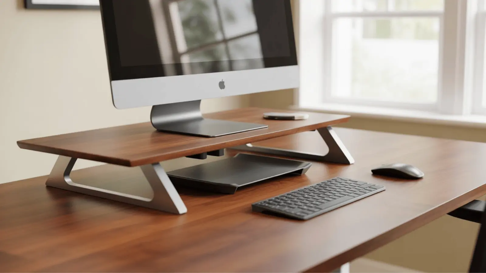 Riser desk converter sitting on top of a wooden home office desk