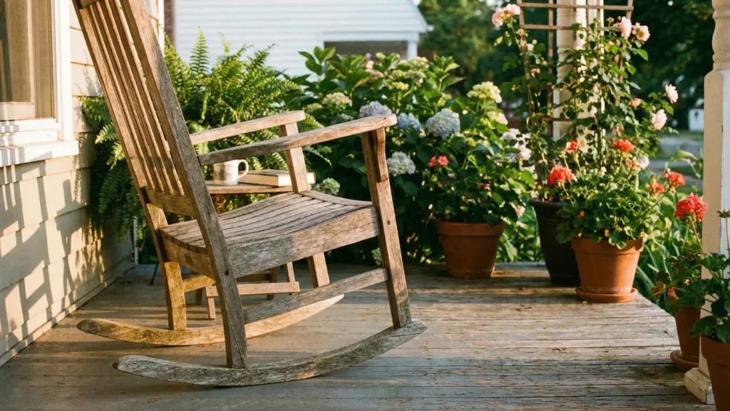 Rocking Chair wooden rocking chair on a front porch with curved base and warm golden hour lighting