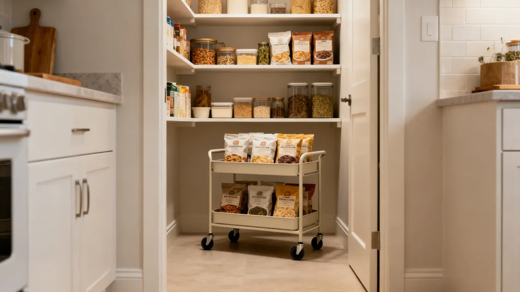 Rolling storage cart with food items placed inside a pantry