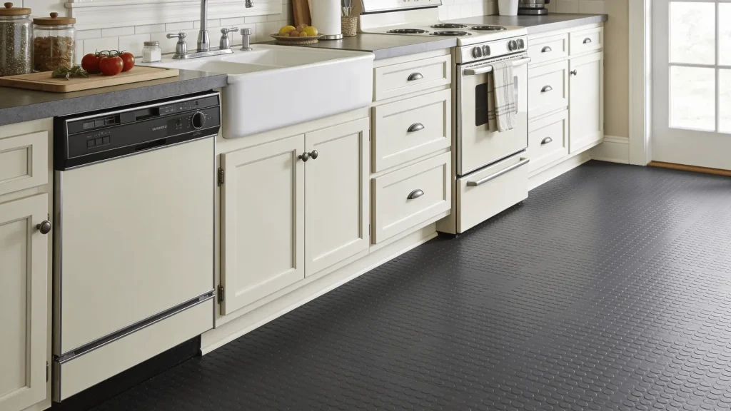 Rubber flooring with textured surface on a kitchen floor in a simple functional kitchen