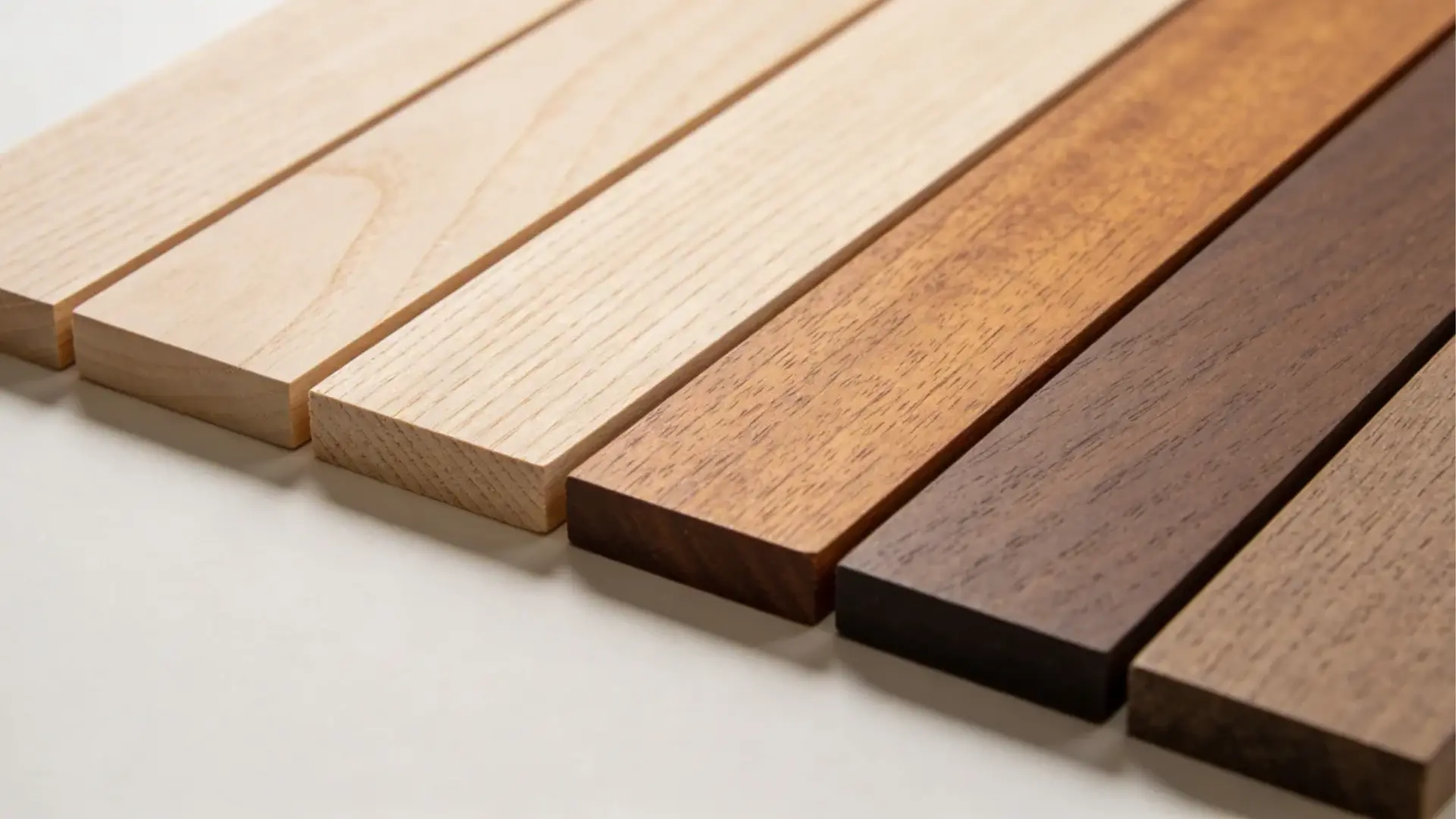 Rubberwood panels with natural, stained, and painted finishes showing grain and uniform surface