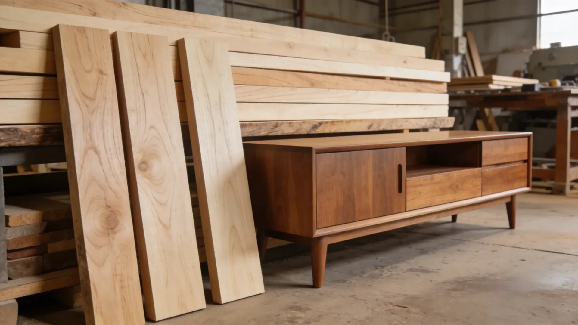 Rubberwood planks and finished furniture items displayed together in an indoor setting