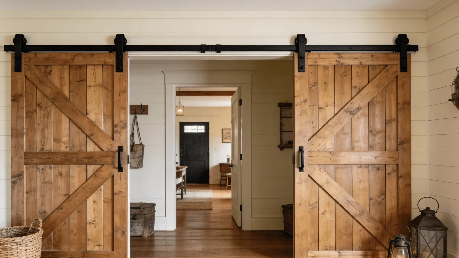 Rustic wooden barn door with classic Z-brace frame sliding on black metal rail in a farmhouse hallway.