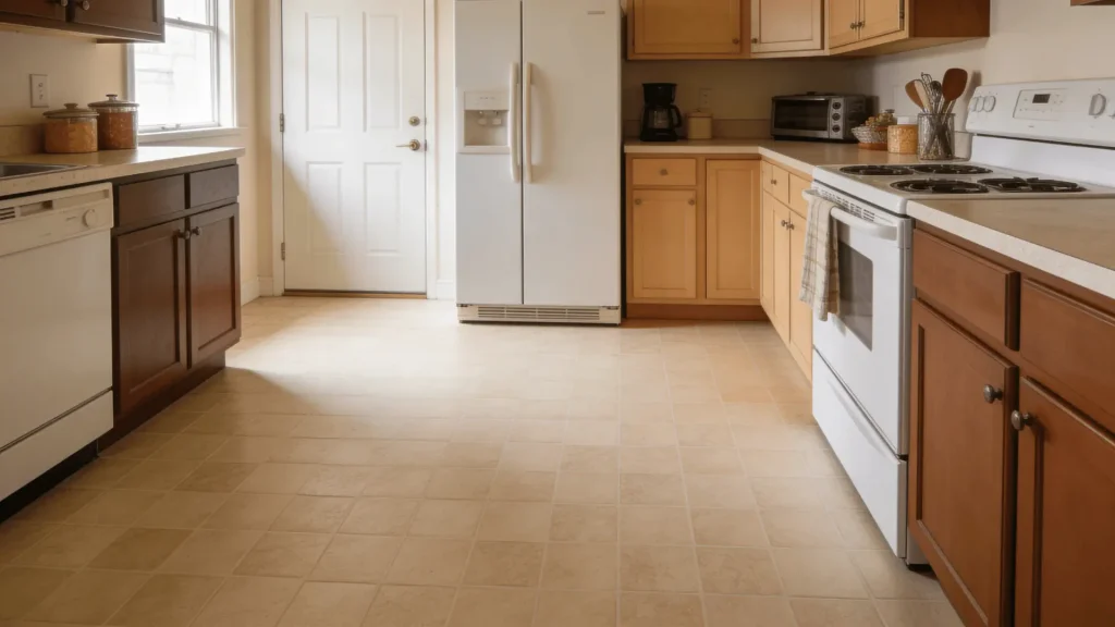 Sandy beige tiles on a kitchen floor with light warm tone and simple cabinet setup