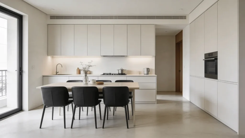 Seamless microcement flooring on a kitchen floor with a smooth continuous surface