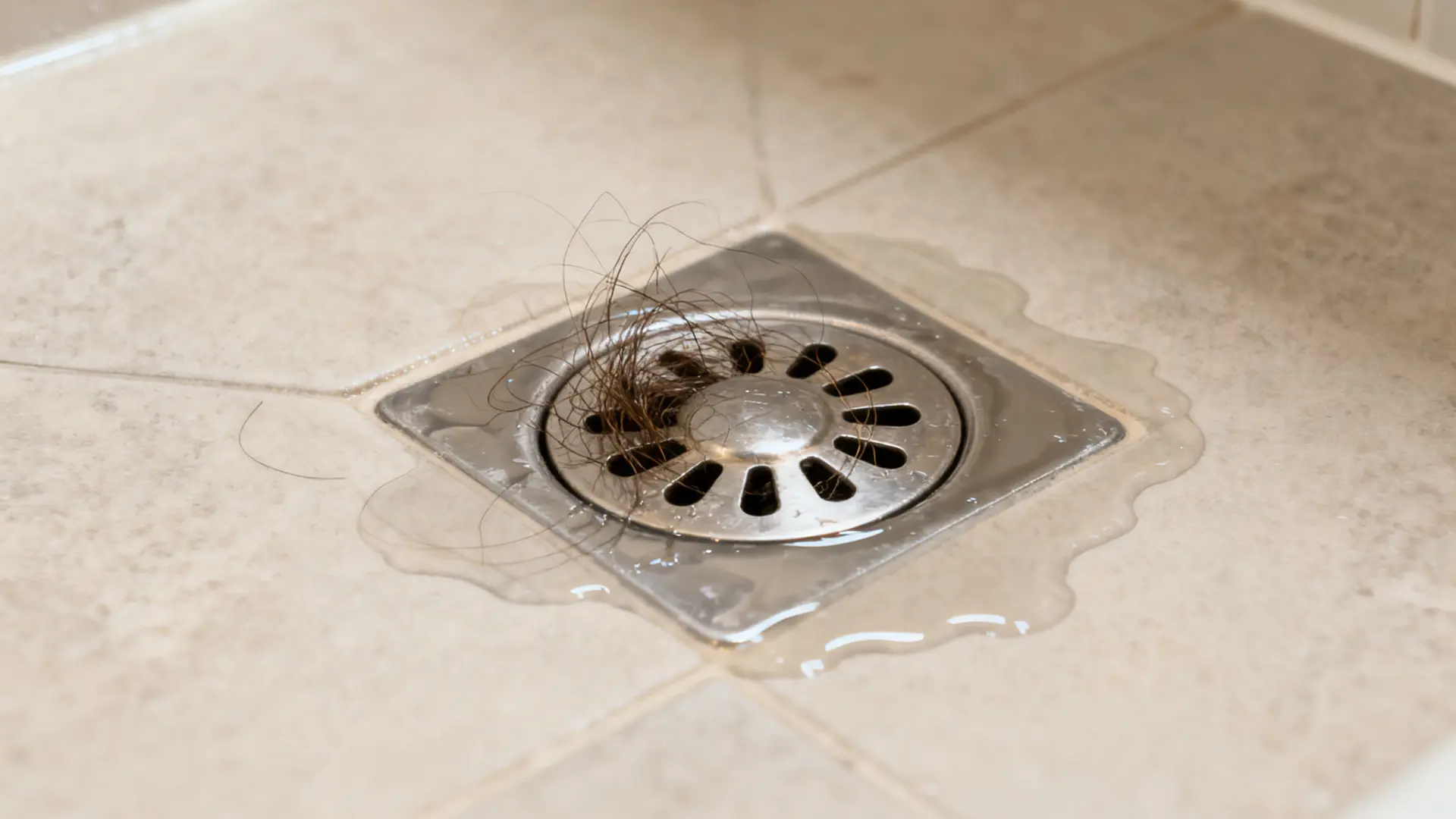 Shower drain with visible hair clog and standing water pooling on the shower floor