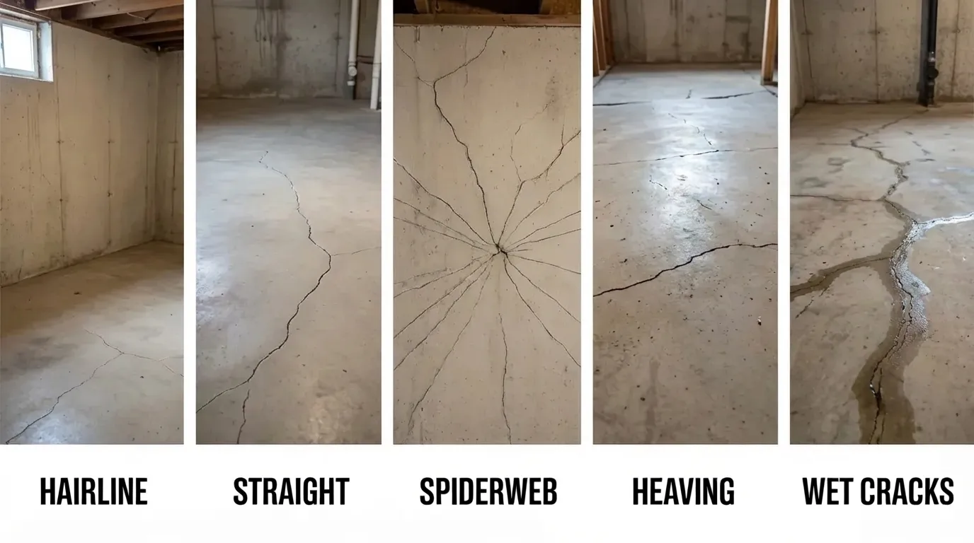Side-by-side collage of five basement floor crack types, hairline, straight, spiderweb, heaving, and moisture-seeping cracks on concrete