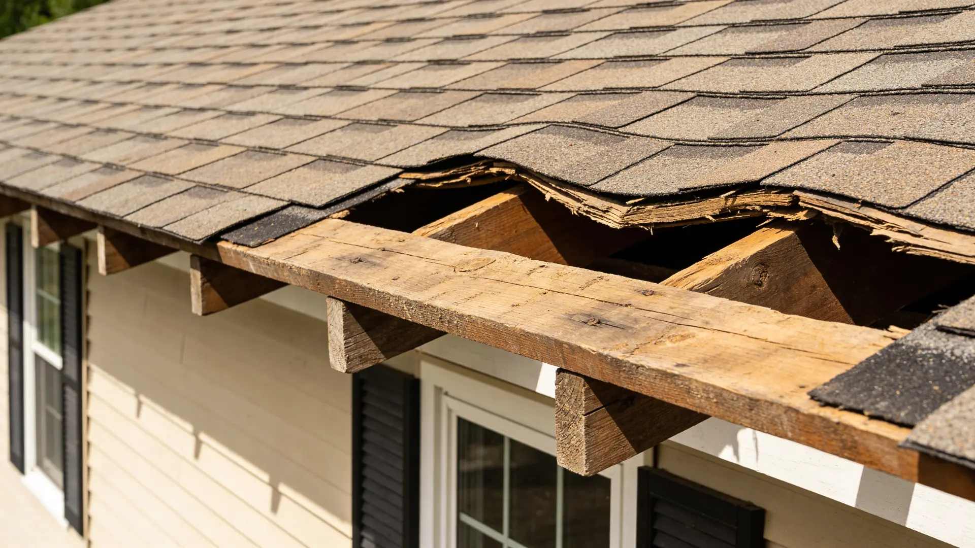 Signs of thin roof decking showing sagging roof surface and uneven shingles
