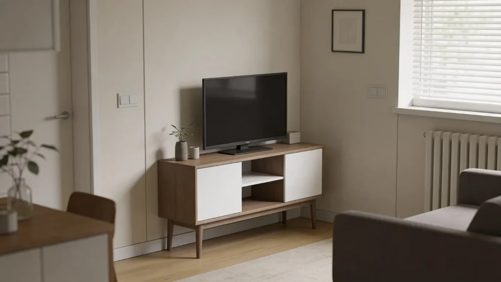 Small TV stand with minimal decor and open space