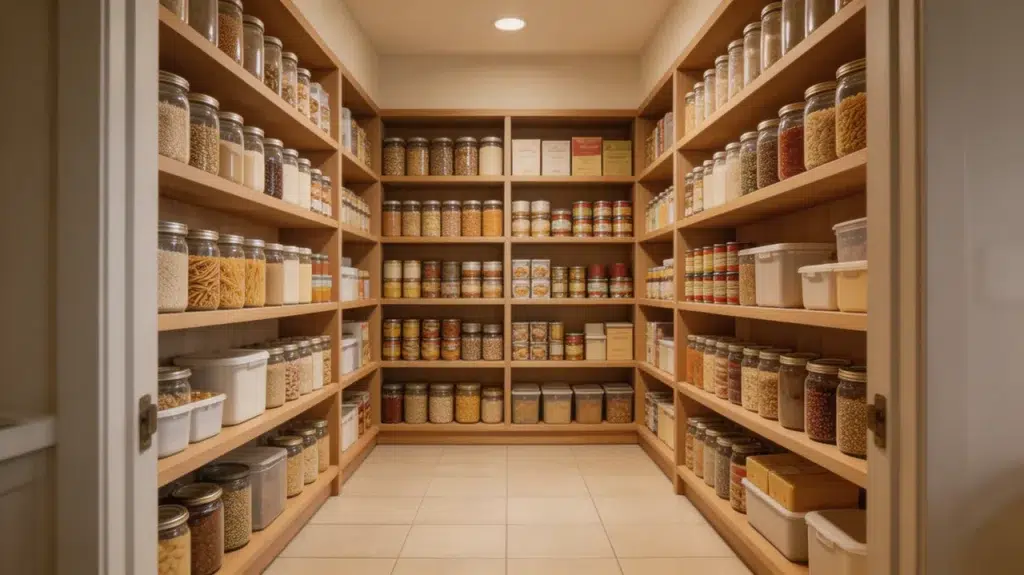 Small U-shaped walk-in pantry with shelves on three sides and neatly organized food containers
