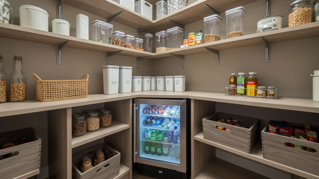 Small beverage fridge placed inside pantry below shelves (1)