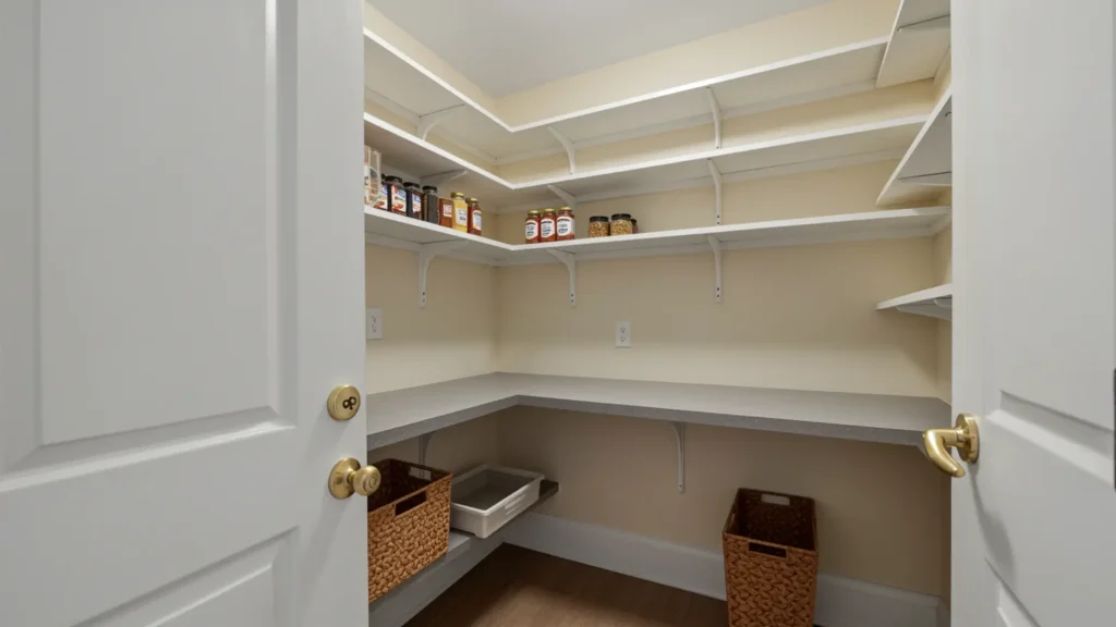 Small pantry with narrow countertop below wall shelves