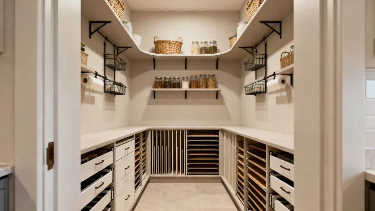 Small walk-in pantry with shelves, baskets, jars, and storage