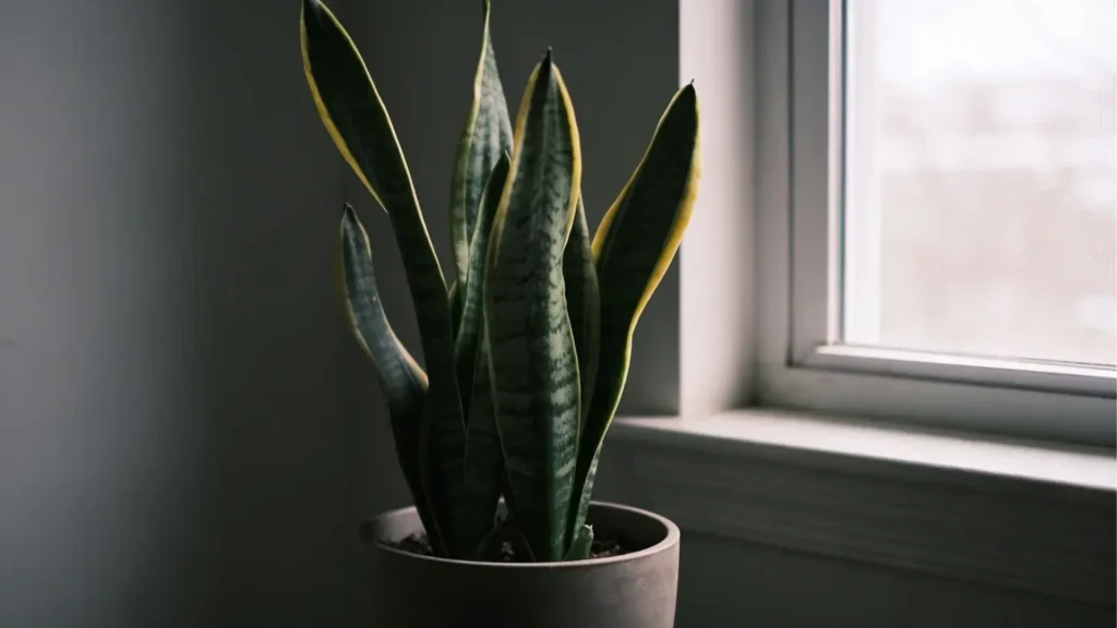 Snake plant with tall upright leaves placed indoors near a window