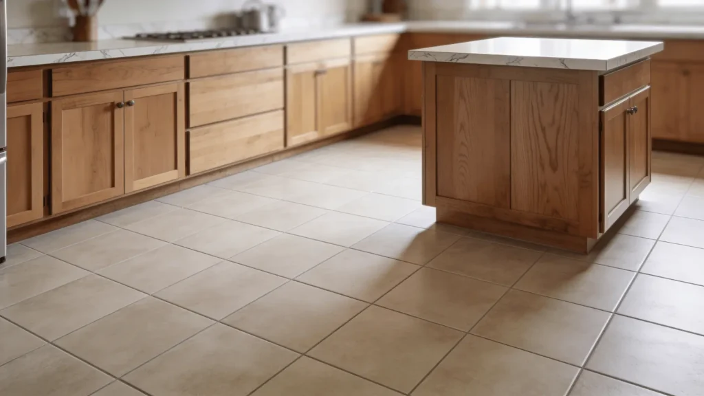 Soft taupe ceramic tiles on a kitchen floor with mixed warm and cool design elements
