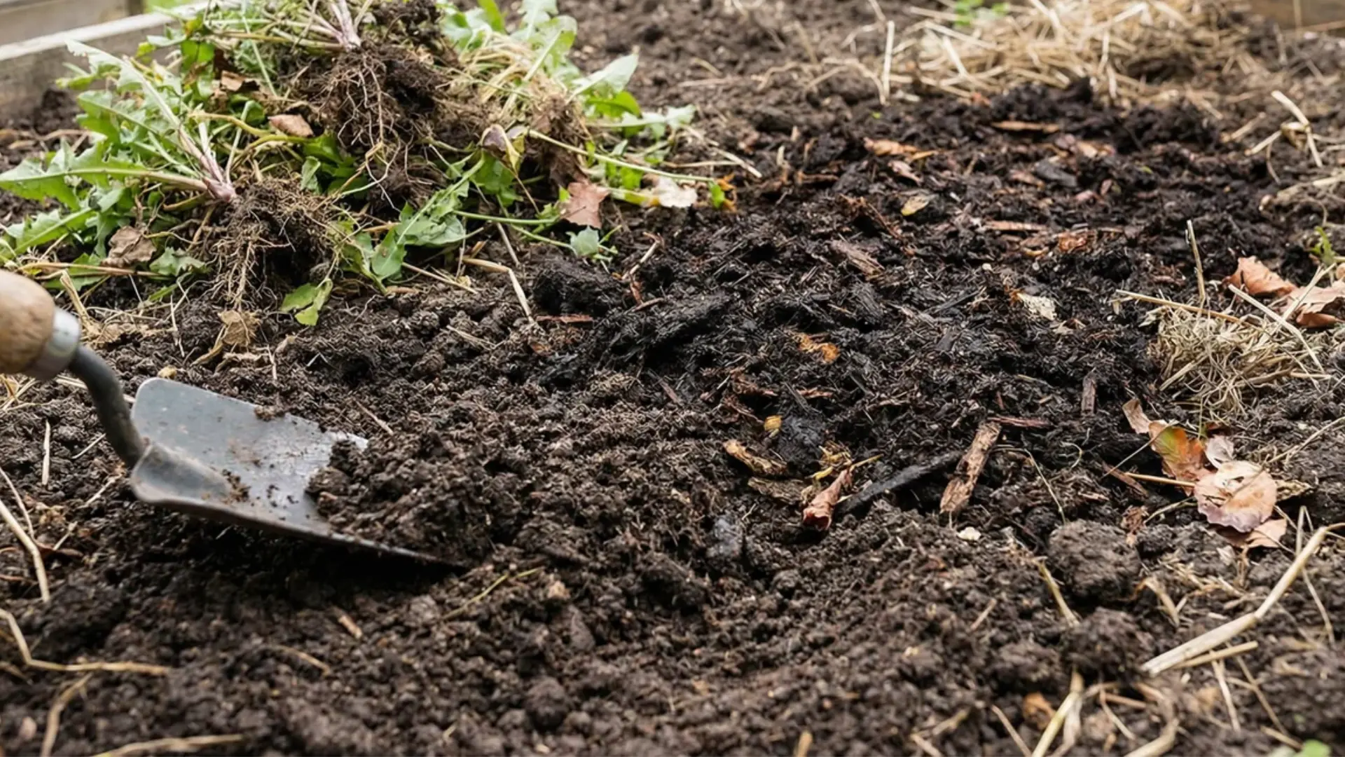 Soil cleared of weeds, loosened, and mixed with compost for planting preparation