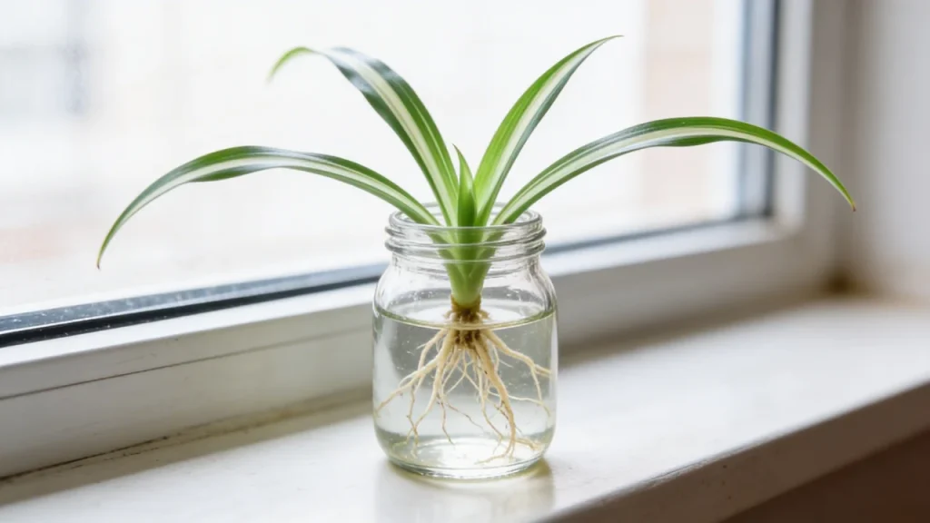 Spider plant baby plantlet rooting in a small jar filled with water