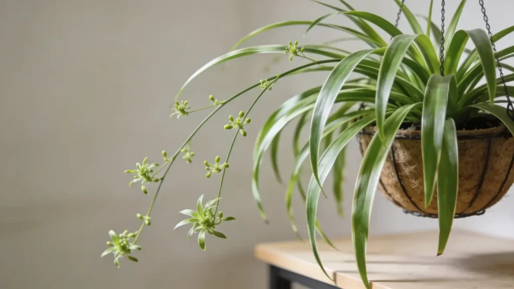 Spider plant with long arching leaves and small offshoots growing indoors