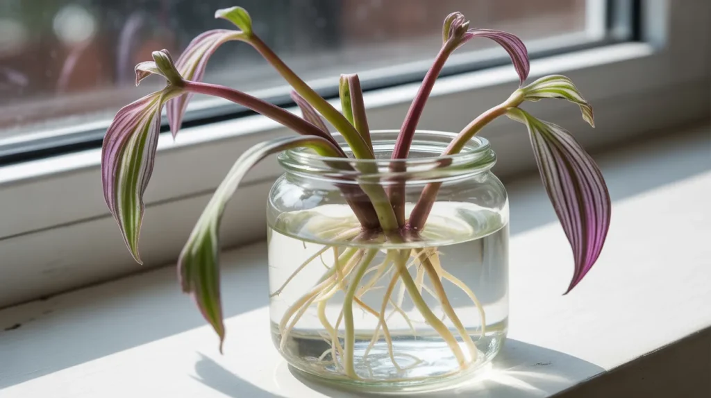 Spiderwort stems with striped leaves and roots growing in water