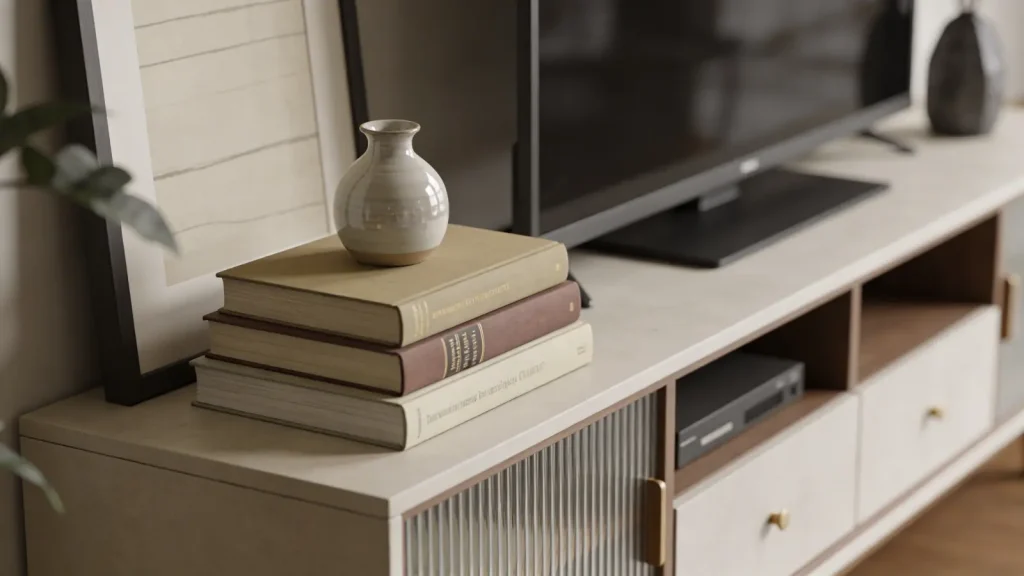 Stacked books with a small vase on top on a TV stand