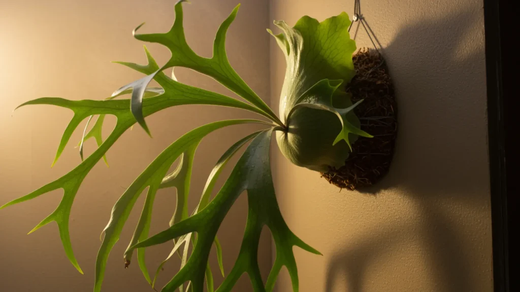 Staghorn fern mounted on a wall with large antler-shaped leaves