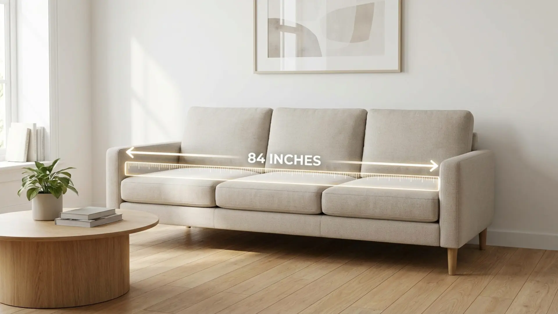 Standard living room couch with three seats showing average sofa length and dimensions