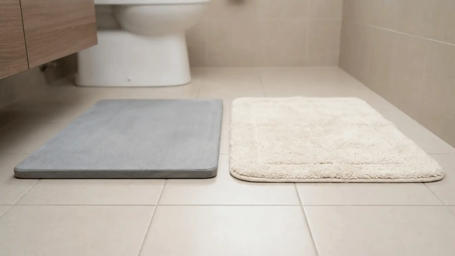 Stone bath mat and fabric bath mat placed side by side on a bathroom floor.