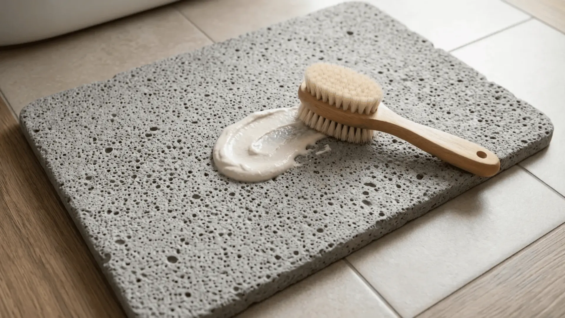 Stone bath mat with cleaning paste applied to the surface and a soft brush placed beside it.