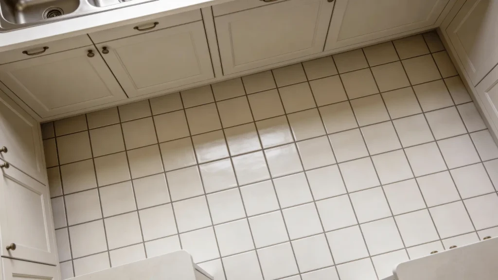 Straight lay subway tiles arranged in a grid pattern on a kitchen floor with neutral cabinets