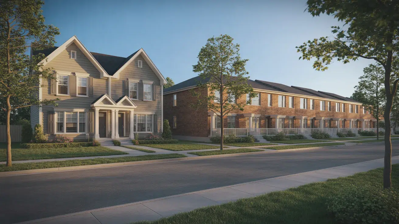 Street view comparison of a twin home with one shared wall next to a row of townhouses with multiple shared walls.