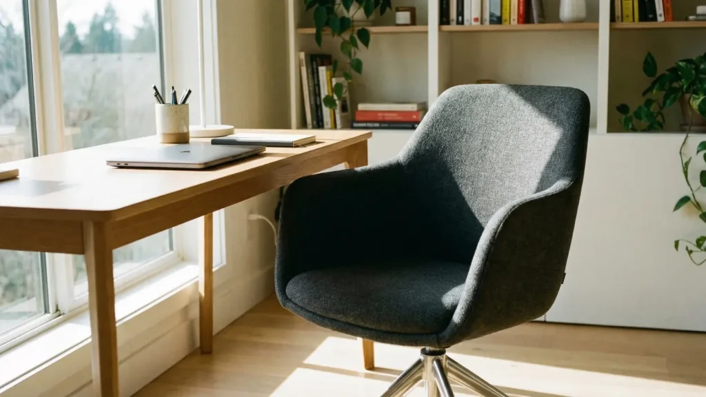 Swivel Chair sleek swivel chair at a home desk with laptop and stationery in a bright office