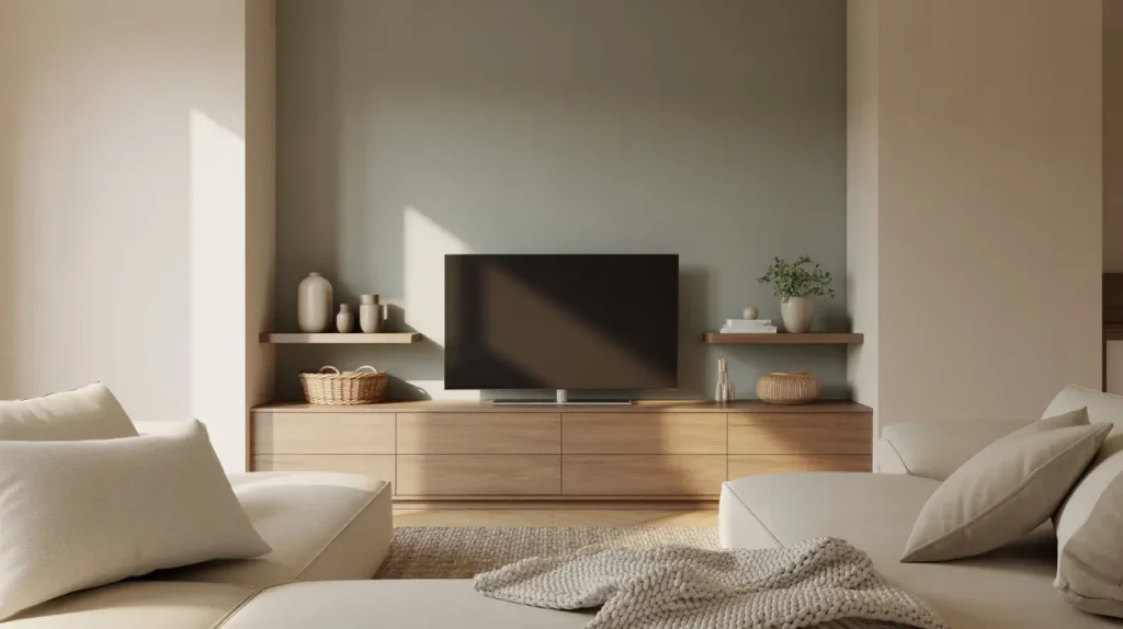 TV setup with gray wall and natural-toned decor in a realistic living room