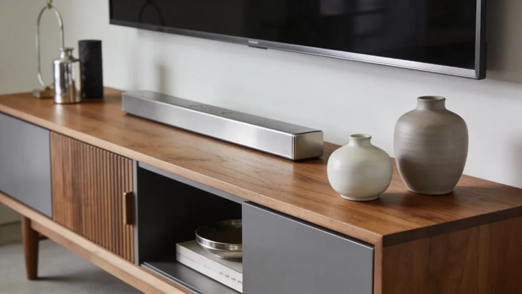 TV stand decor combining wood, ceramic, and metal materials