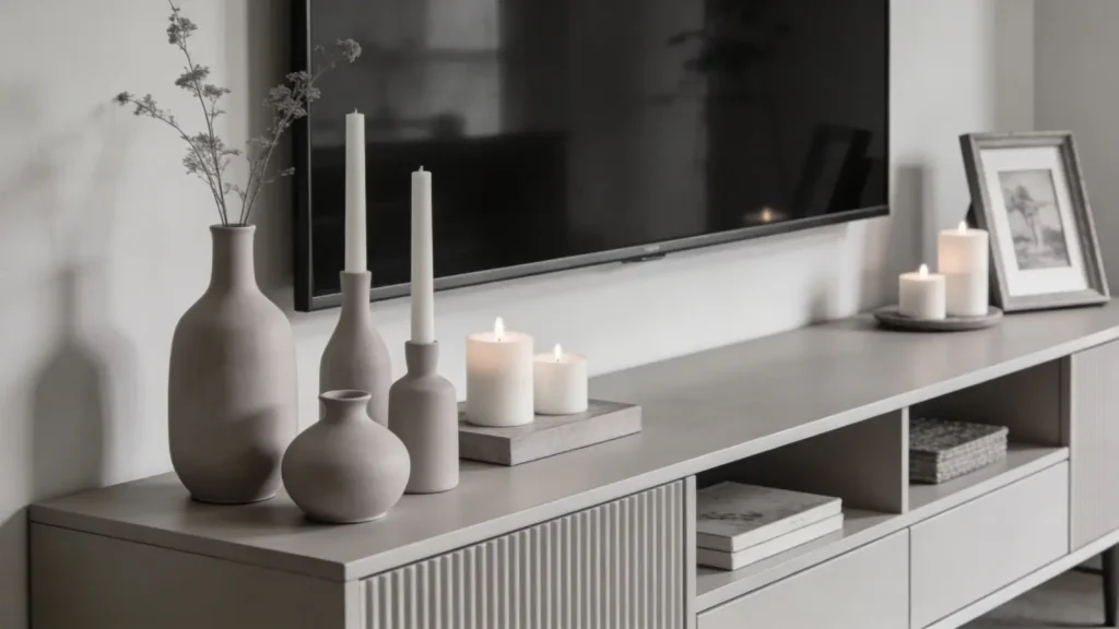 TV stand styled with a consistent color palette