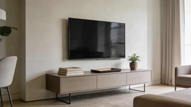 TV stand styled with books, plant, and tray in a modern living room