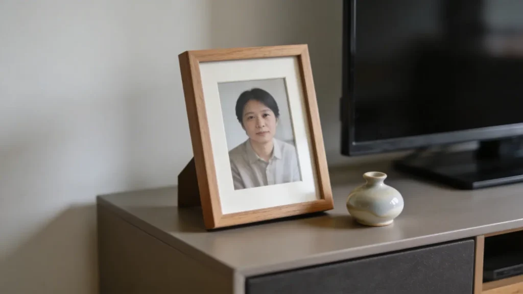 TV stand with a framed photo and small personal item