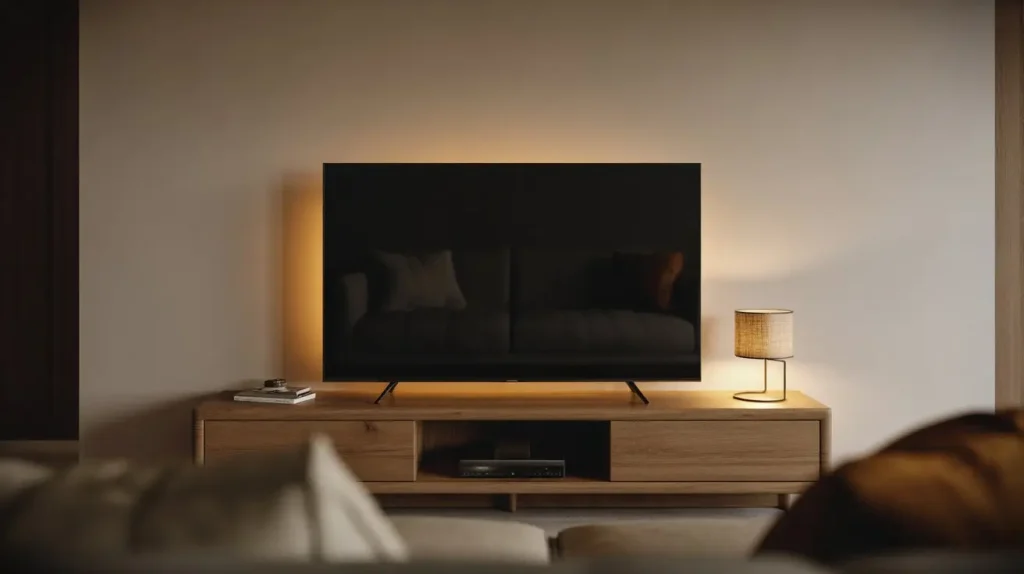 TV stand with a warm ambient lighting and soft glow in a modern living room