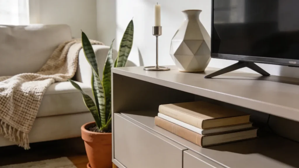 TV stand with decor matching its design style