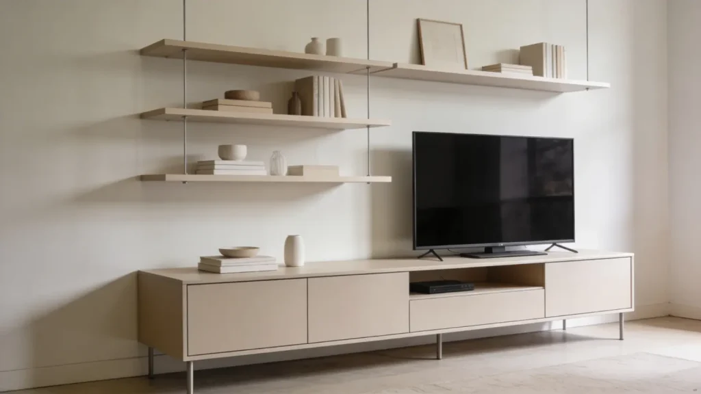 TV stand with floating shelves styled above it