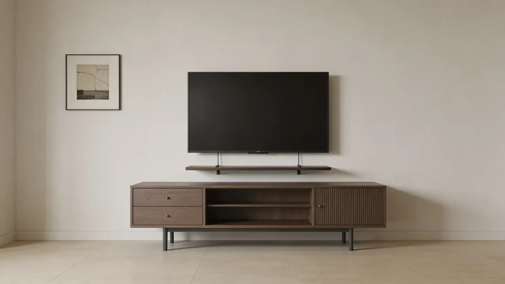 TV stand with mounted TV and simple wall decor above it