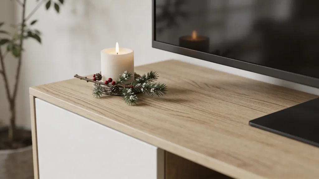 TV stand with small seasonal decor item