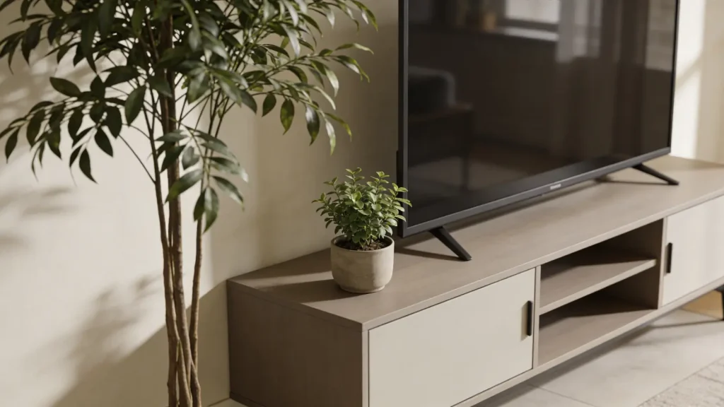 TV stand with tall and small plants placed beside and on it