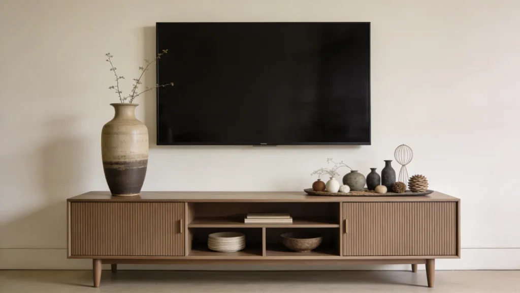 TV stand with tall decor on one side and low items on the other