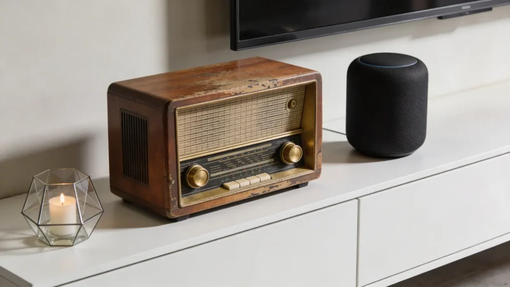 TV stand with vintage and modern decor items