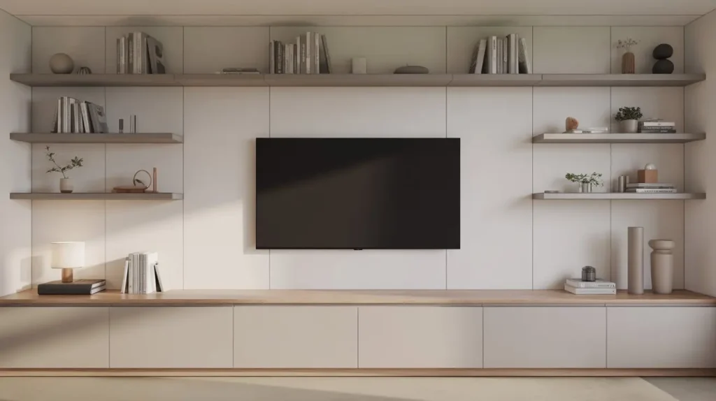 TV wall setup with hidden cords and clean cable management in a modern living room