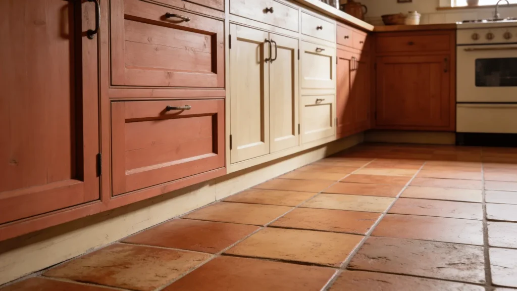 Terracotta tiles with natural color variation on a kitchen floor in a traditional setting