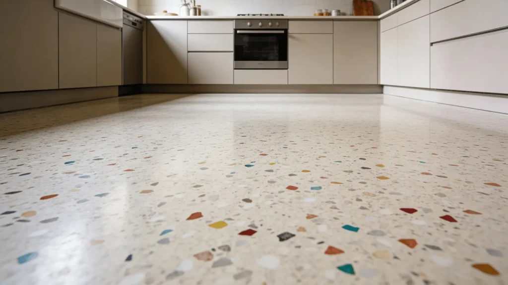 Terrazzo flooring with small stone chips on a kitchen floor in a modern kitchen setting